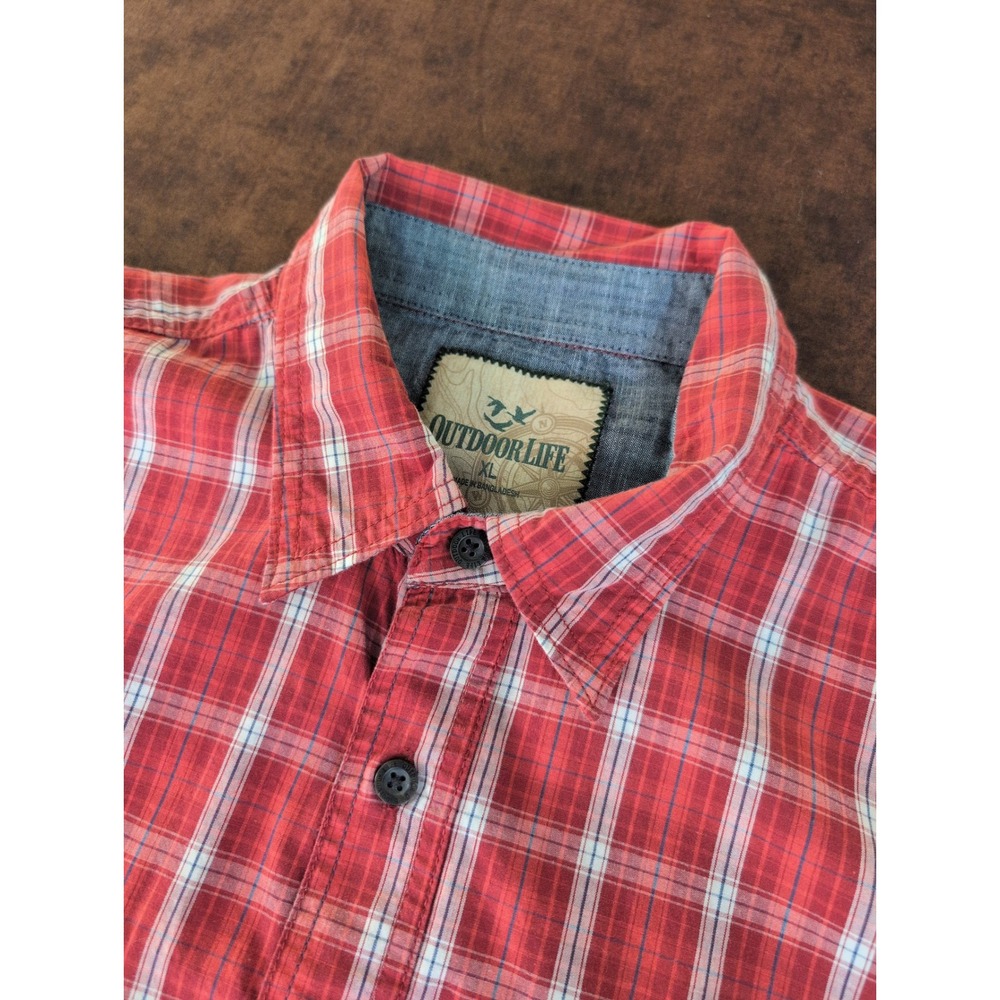 Outdoor Life Mens XL Red Plaid Short Sleeve Button Down Cotton Shirt RN15099